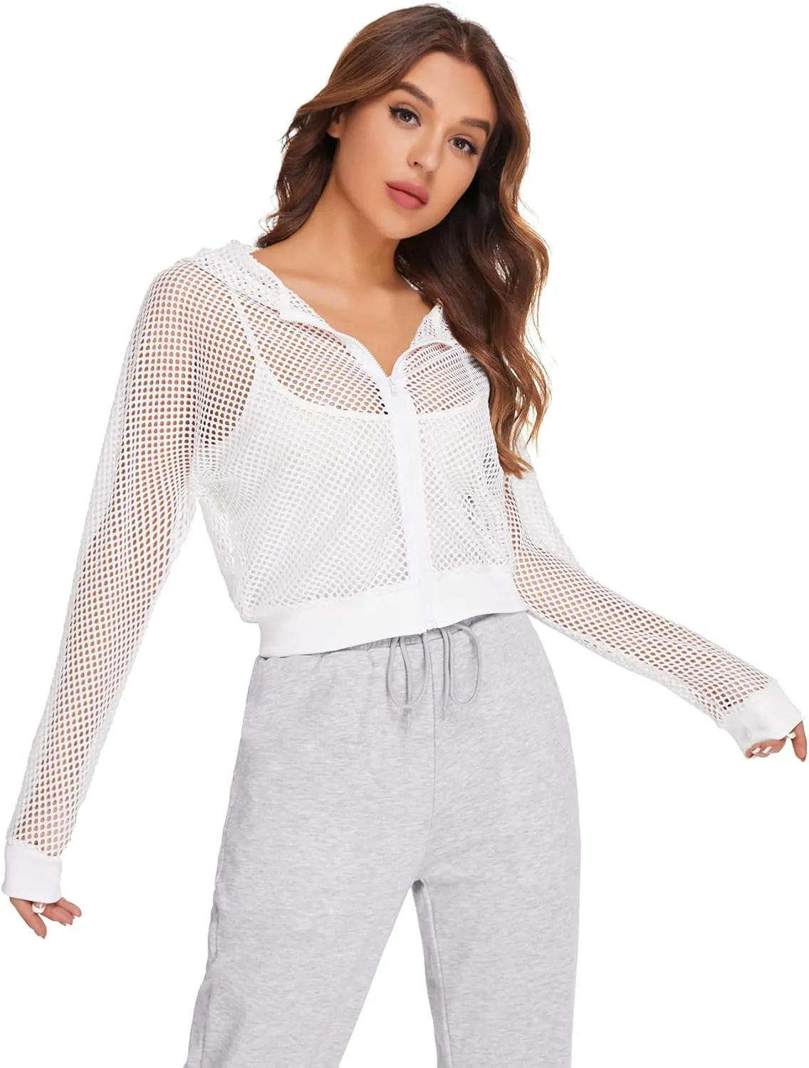 SweatyRocks Women's Summer Zip Up Light Weight Long Sleeve Mesh Bomber Jacket
