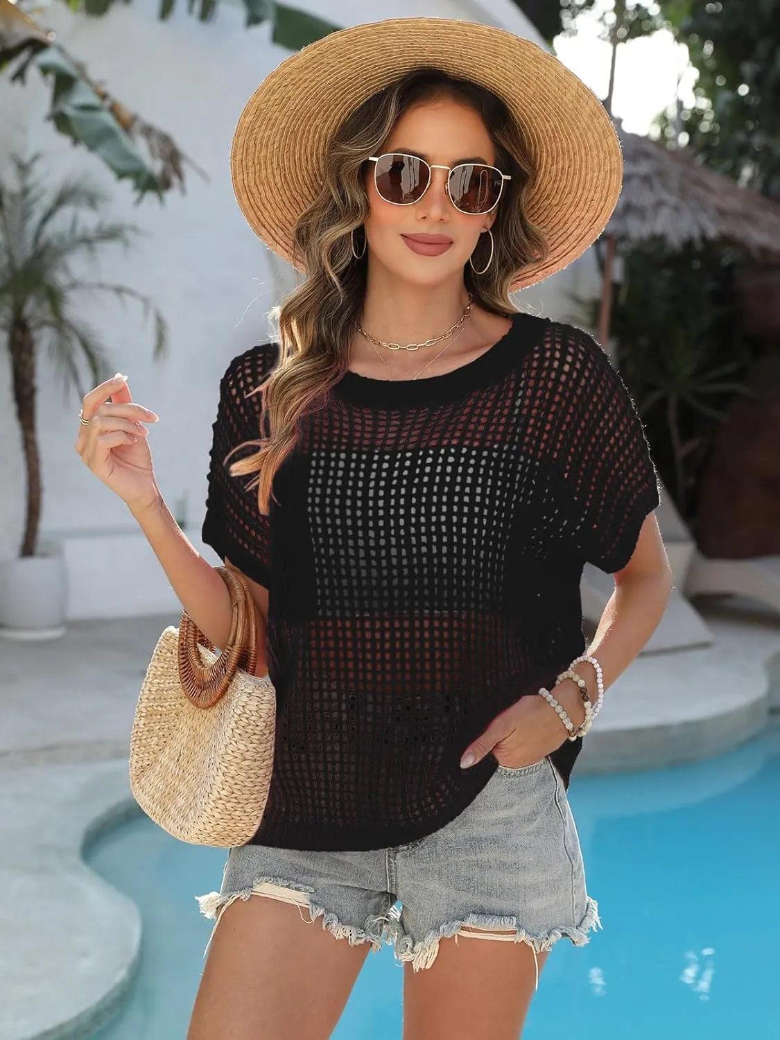 Swimsuit Coverup for Women Beach Vacation Clothes Spring Summer Scoop Neck Short Sleeve Sweaters Casual Crochet Knit Tops