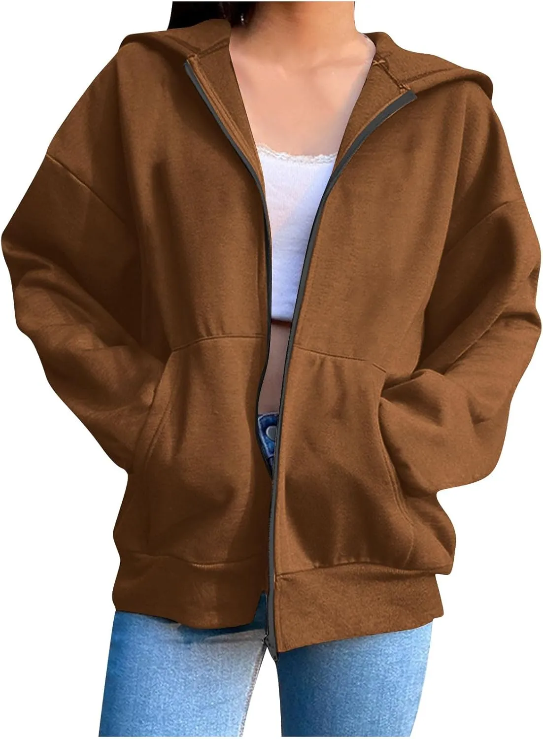 TANGNADE Women Hoodies Full Zip Up Oversized Sweatshirts with Pockets Casual Long Sleeve Thin Hooded Lightweight Jackets