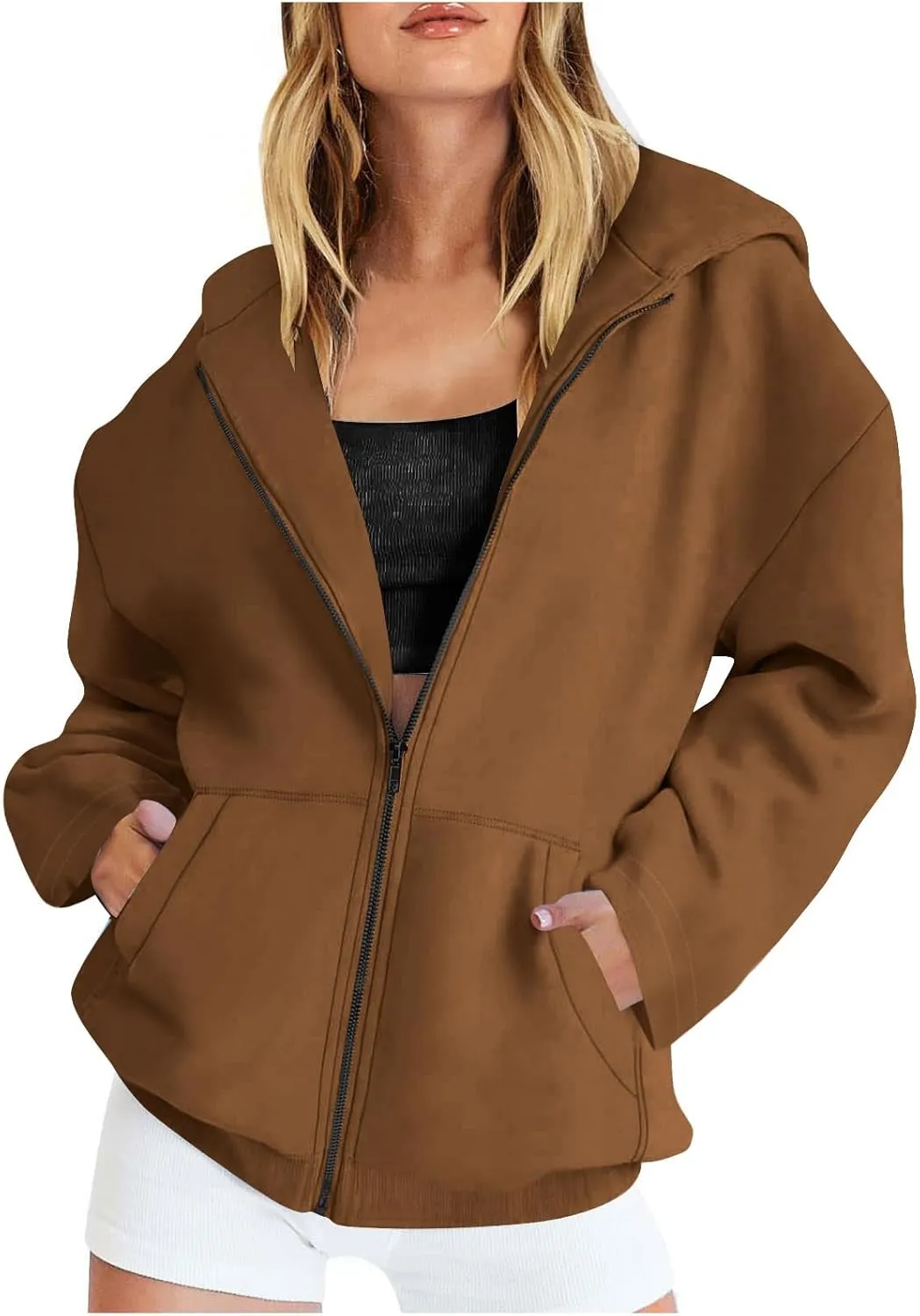 TANGNADE Women Hoodies Full Zip Up Oversized Sweatshirts with Pockets Casual Long Sleeve Thin Hooded Lightweight Jackets