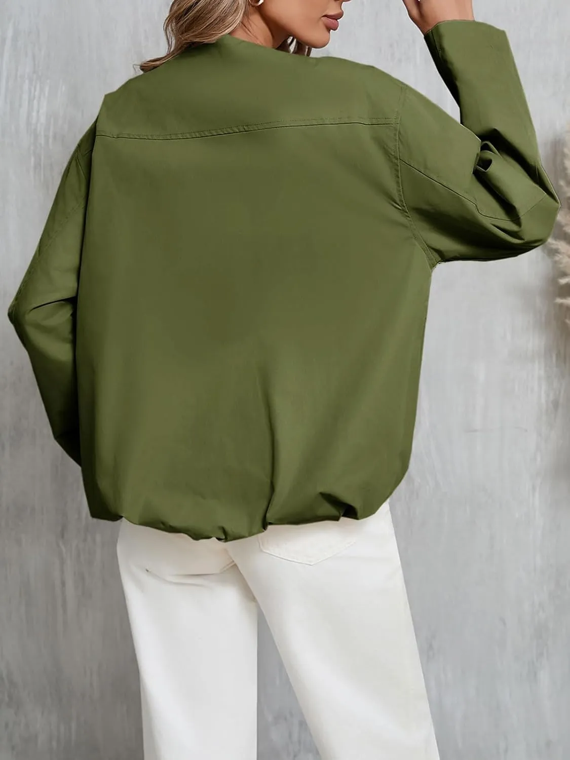 Tankaneo Womens Cropped Bomber Jackets Casual Zip Up Cargo Oversized Ruched Hem Coats with Pockets