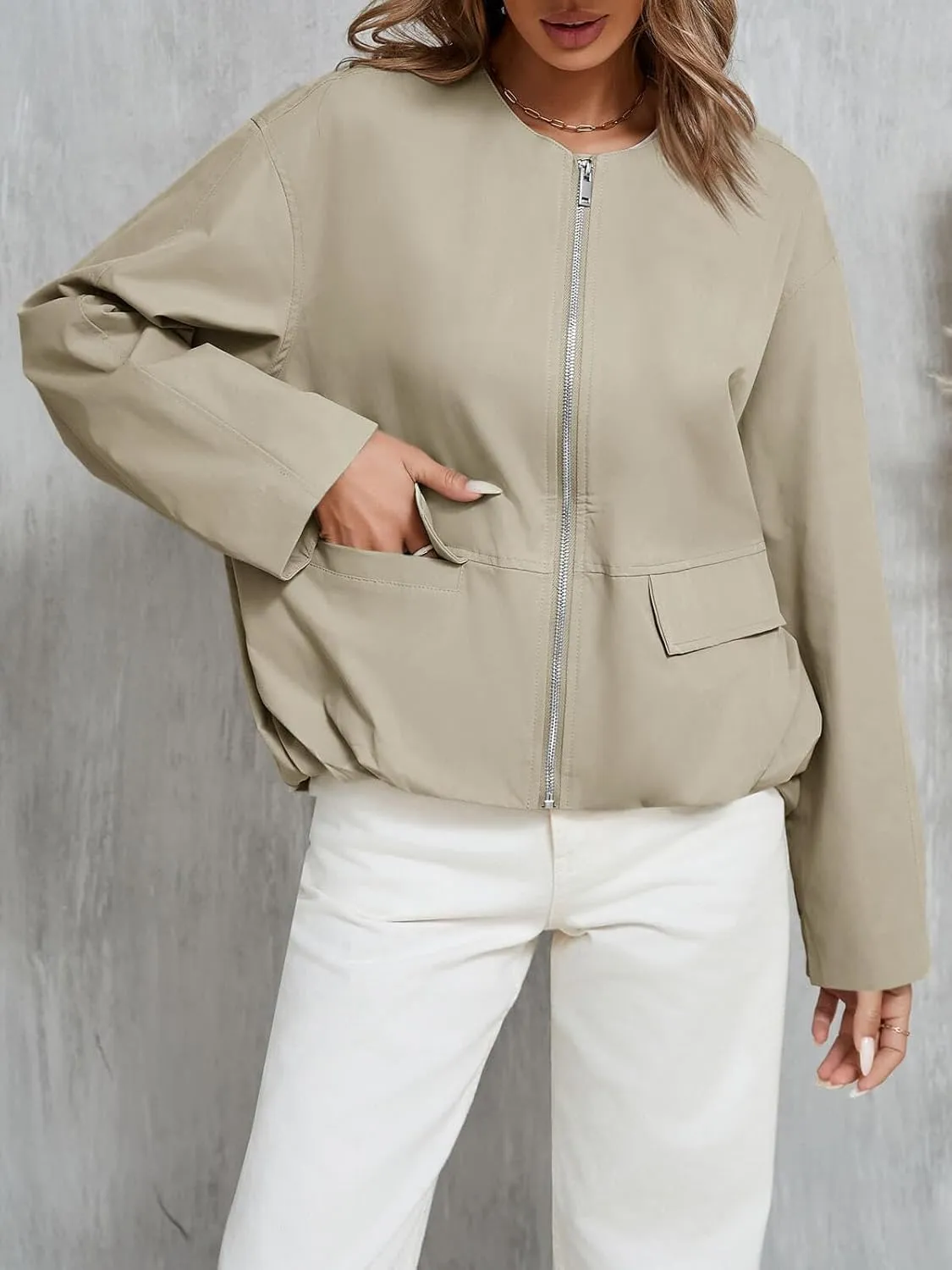 Tankaneo Womens Cropped Bomber Jackets Casual Zip Up Cargo Oversized Ruched Hem Coats with Pockets