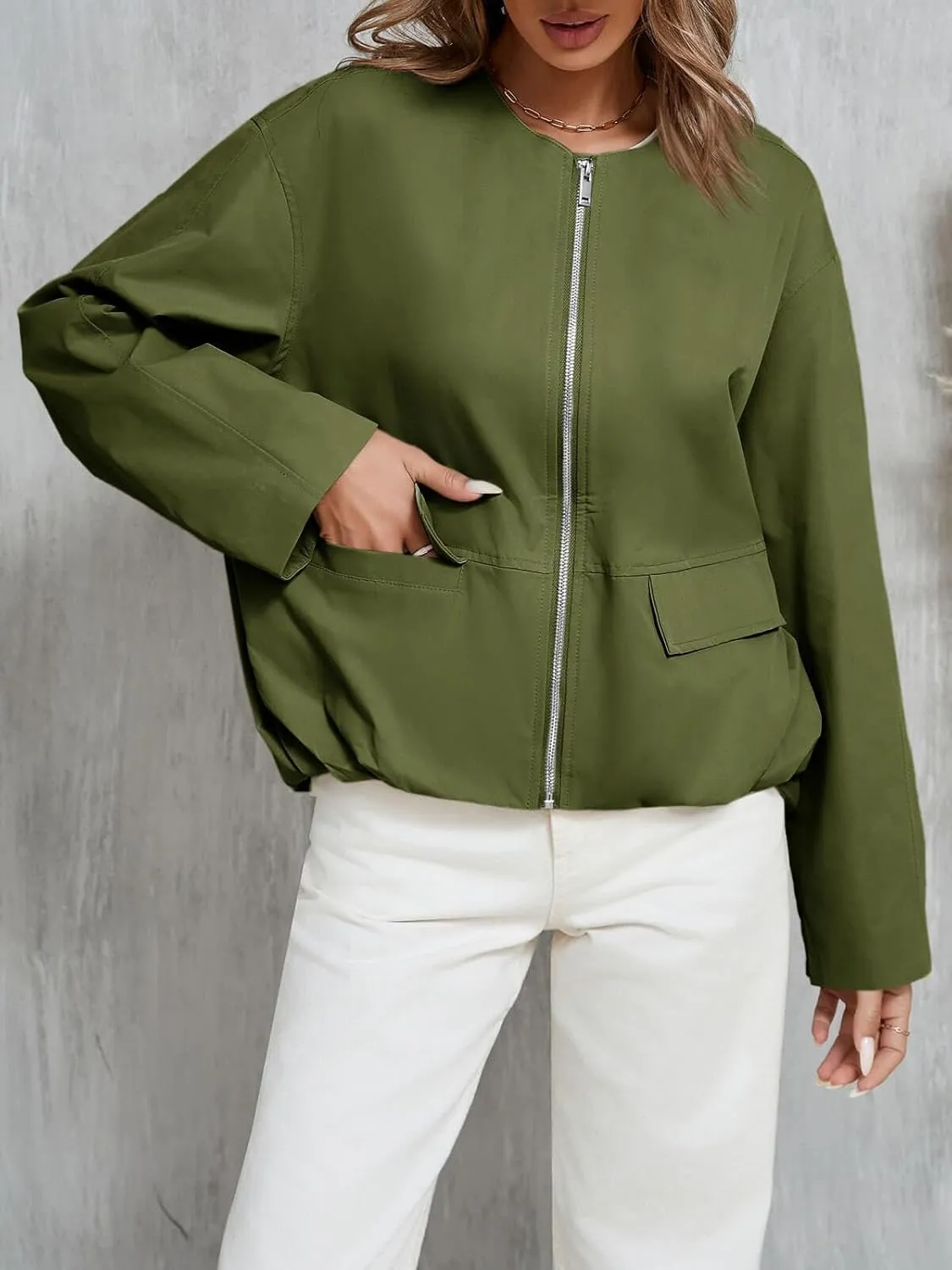 Tankaneo Womens Cropped Bomber Jackets Casual Zip Up Cargo Oversized Ruched Hem Coats with Pockets