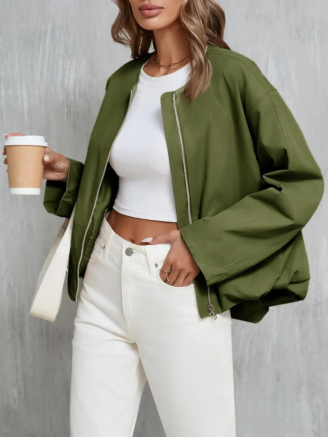 Tankaneo Womens Cropped Bomber Jackets Casual Zip Up Cargo Oversized Ruched Hem Coats with Pockets