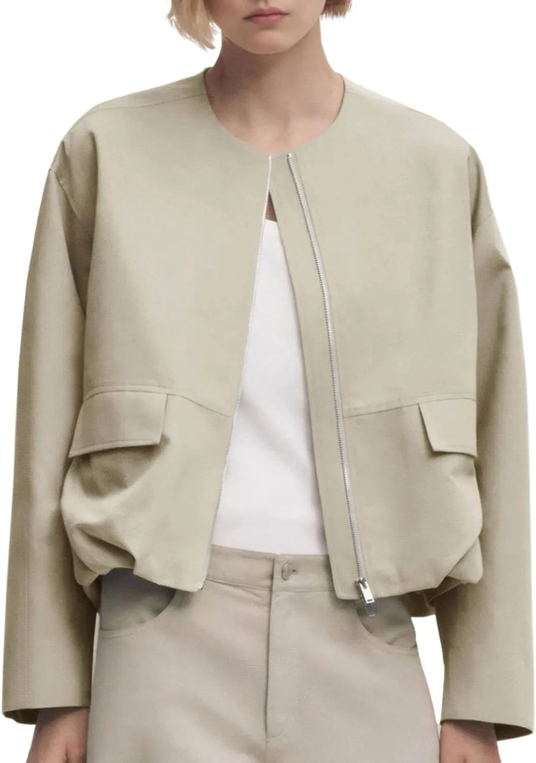 Tankaneo Womens Cropped Bomber Jackets Casual Zip Up Cargo Oversized Ruched Hem Coats with Pockets