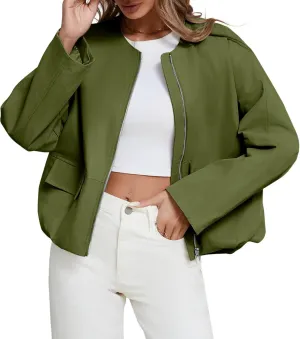 Tankaneo Womens Cropped Bomber Jackets Casual Zip Up Cargo Oversized Ruched Hem Coats with Pockets