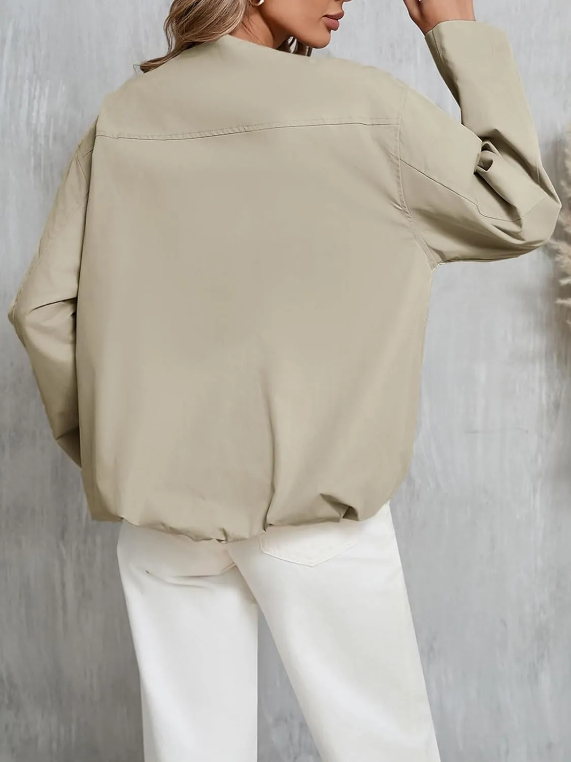 Tankaneo Womens Cropped Bomber Jackets Casual Zip Up Cargo Oversized Ruched Hem Coats with Pockets