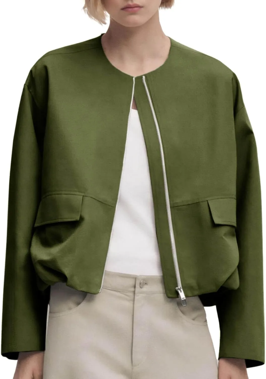 Tankaneo Womens Cropped Bomber Jackets Casual Zip Up Cargo Oversized Ruched Hem Coats with Pockets