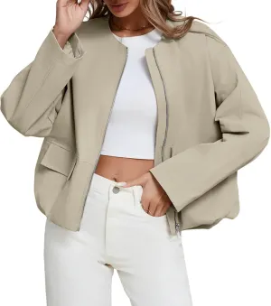 Tankaneo Womens Cropped Bomber Jackets Casual Zip Up Cargo Oversized Ruched Hem Coats with Pockets