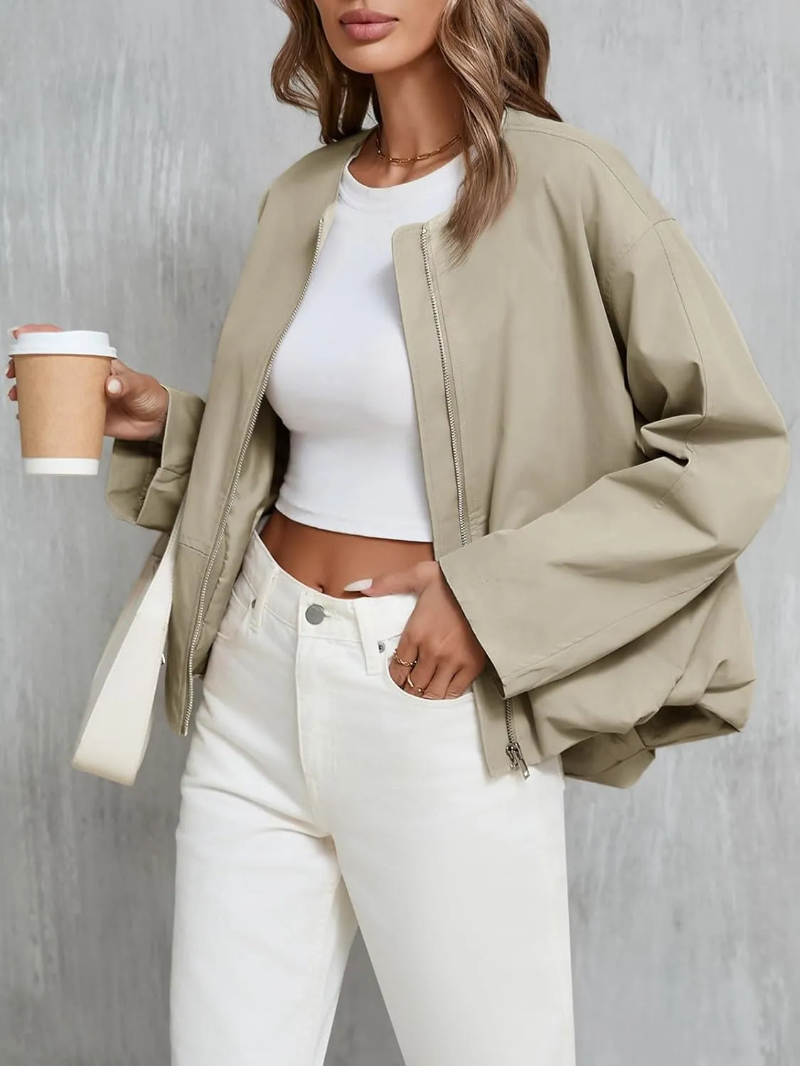 Tankaneo Womens Cropped Bomber Jackets Casual Zip Up Cargo Oversized Ruched Hem Coats with Pockets