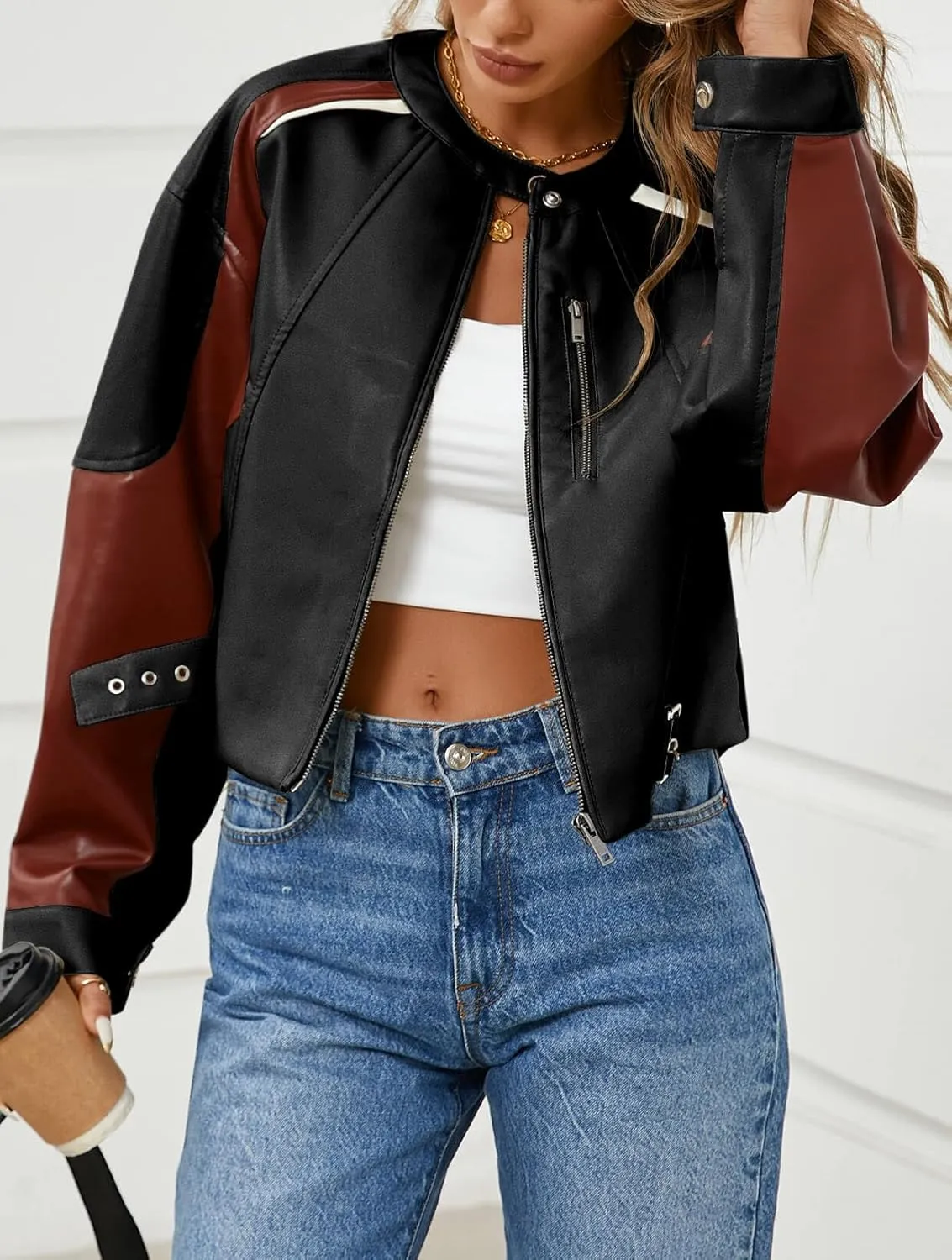 Tankaneo Womens Faux Leather Bomber Jackets Cropped Zip Up Color Block Fall Casual Moto Biker Coats