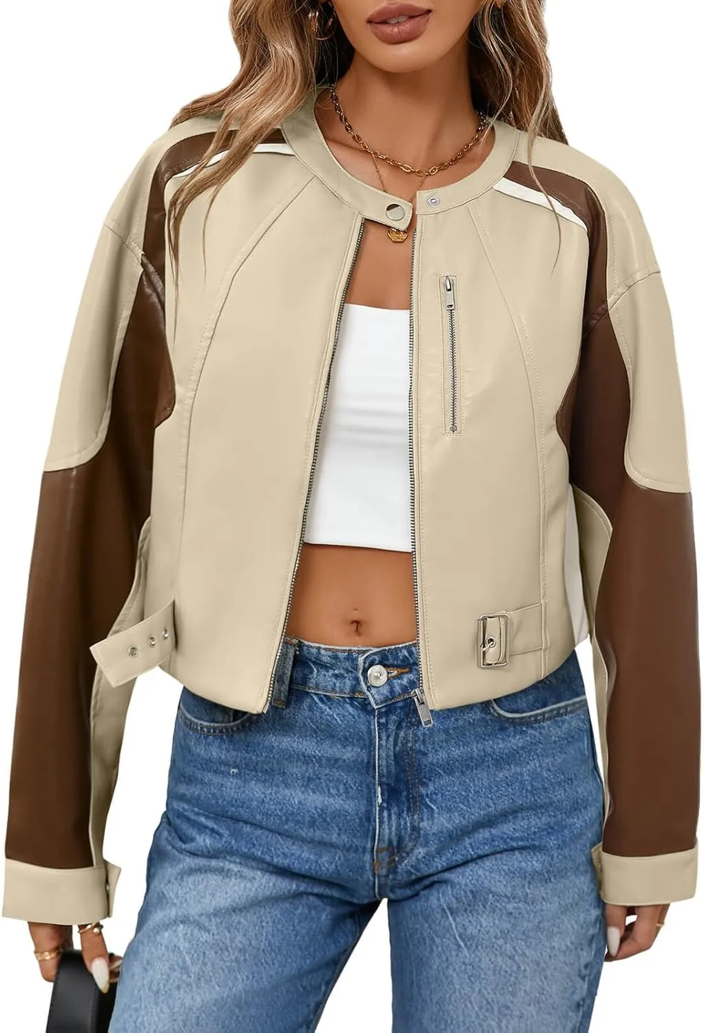Tankaneo Womens Faux Leather Bomber Jackets Cropped Zip Up Color Block Fall Casual Moto Biker Coats