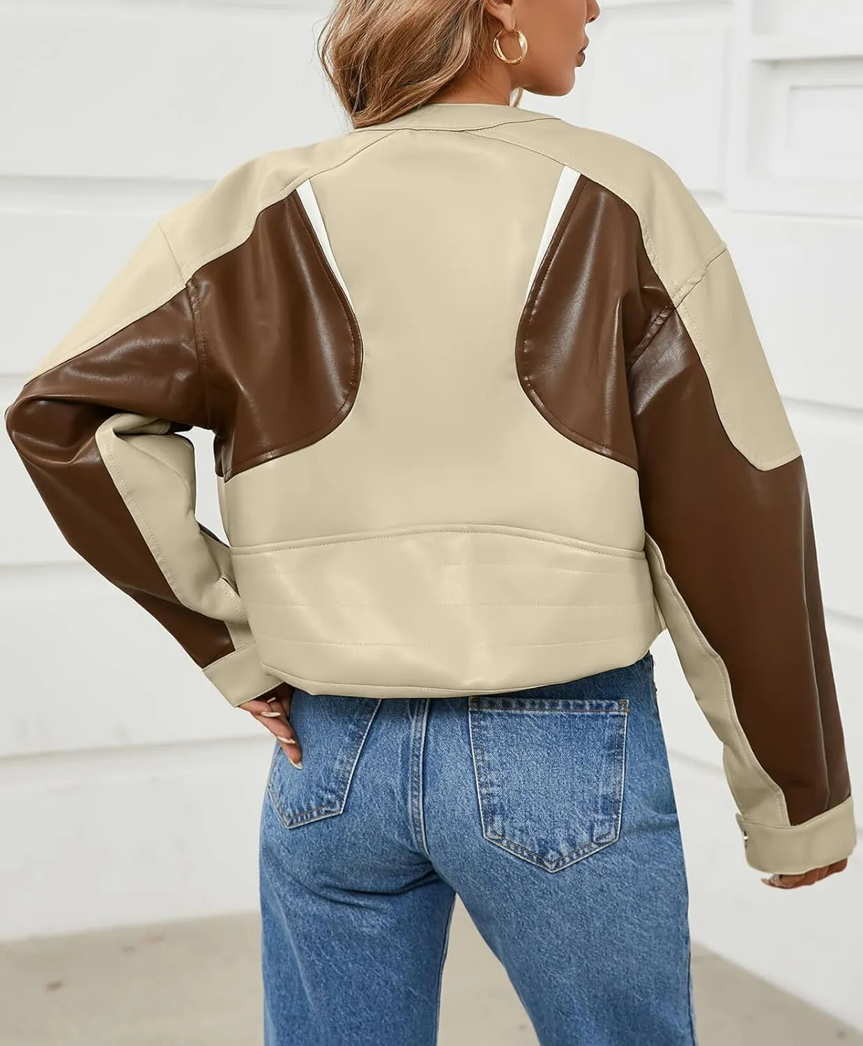 Tankaneo Womens Faux Leather Bomber Jackets Cropped Zip Up Color Block Fall Casual Moto Biker Coats