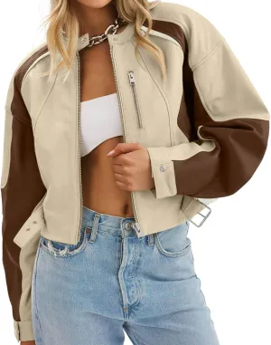Tankaneo Womens Faux Leather Bomber Jackets Cropped Zip Up Color Block Fall Casual Moto Biker Coats