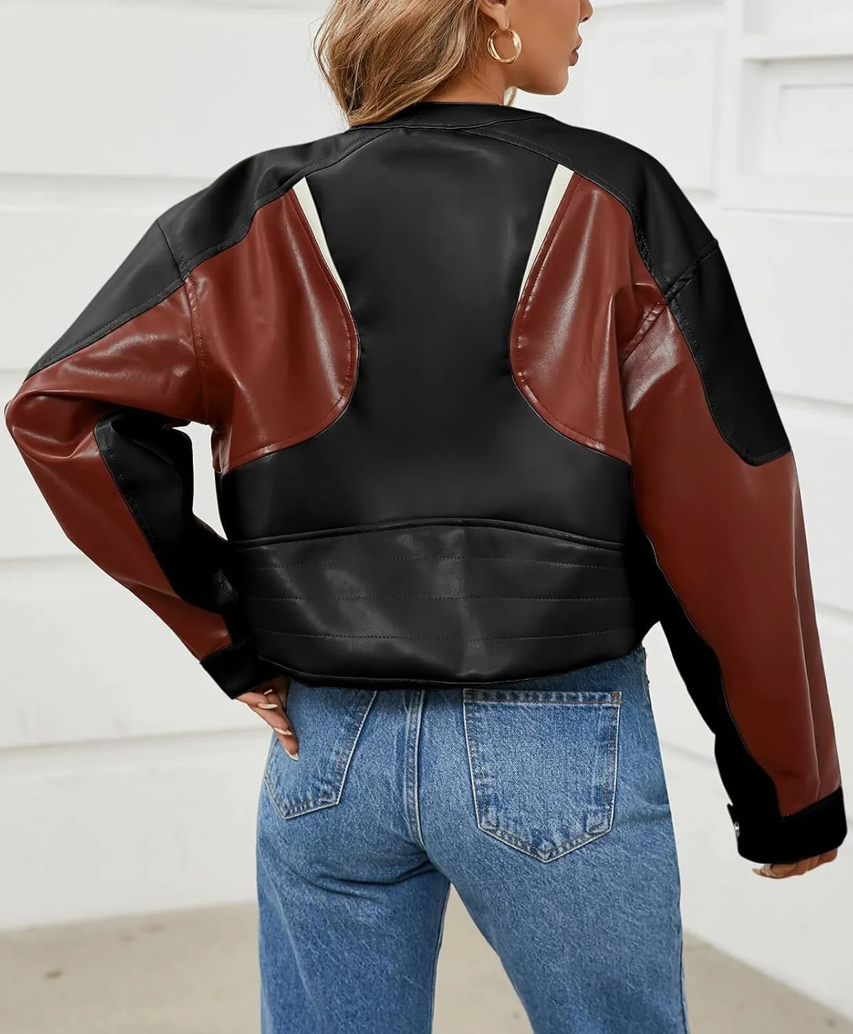 Tankaneo Womens Faux Leather Bomber Jackets Cropped Zip Up Color Block Fall Casual Moto Biker Coats