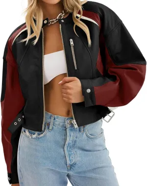 Tankaneo Womens Faux Leather Bomber Jackets Cropped Zip Up Color Block Fall Casual Moto Biker Coats