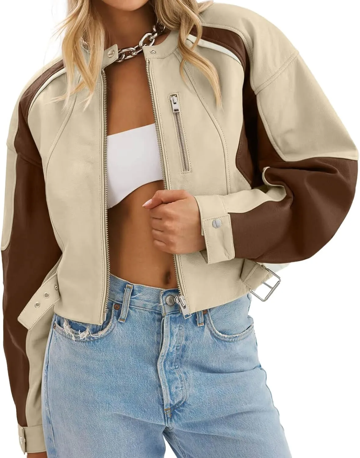 Tankaneo Womens Faux Leather Bomber Jackets Cropped Zip Up Color Block Fall Casual Moto Biker Coats