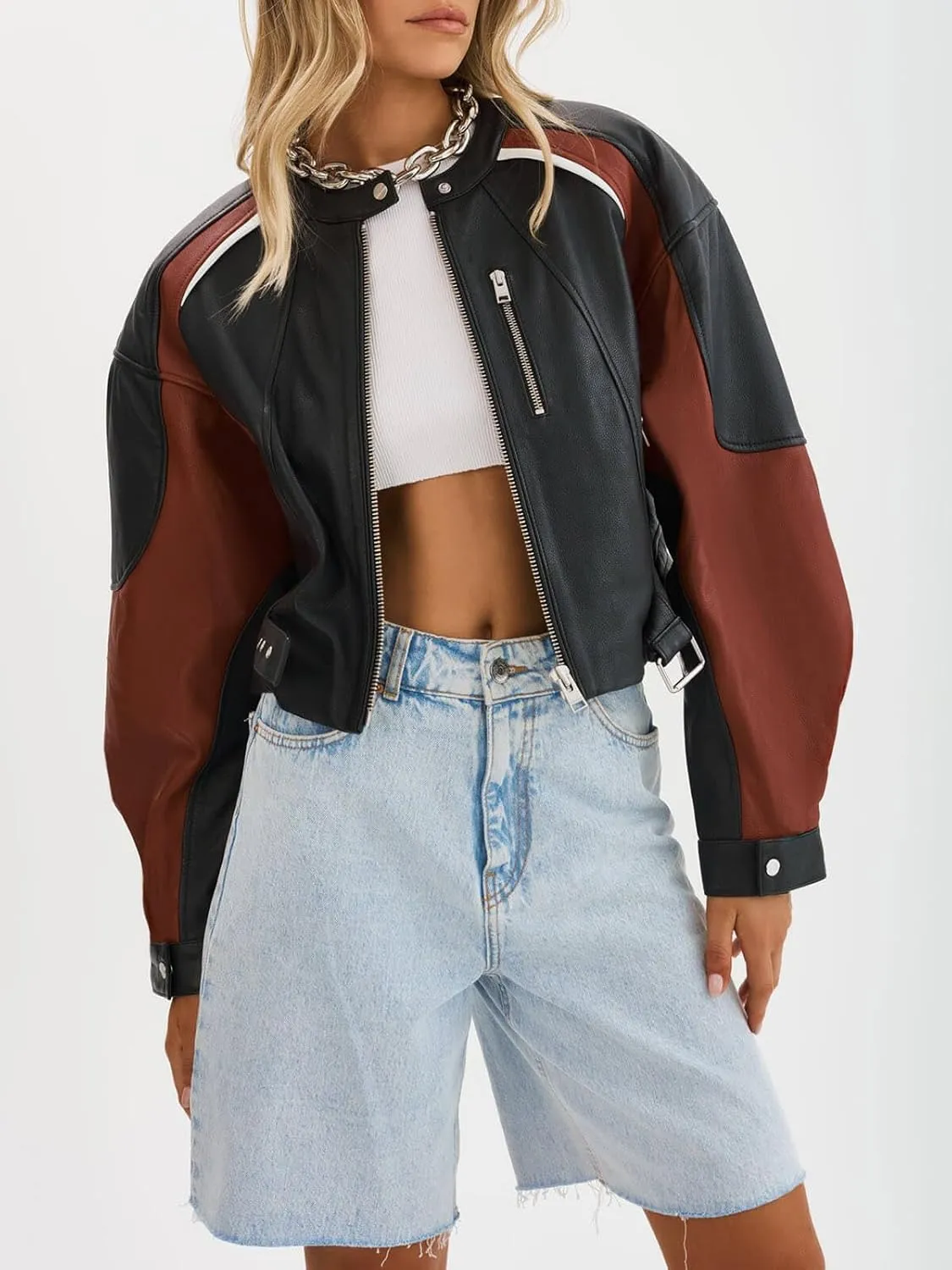 Tankaneo Womens Faux Leather Bomber Jackets Cropped Zip Up Color Block Fall Casual Moto Biker Coats