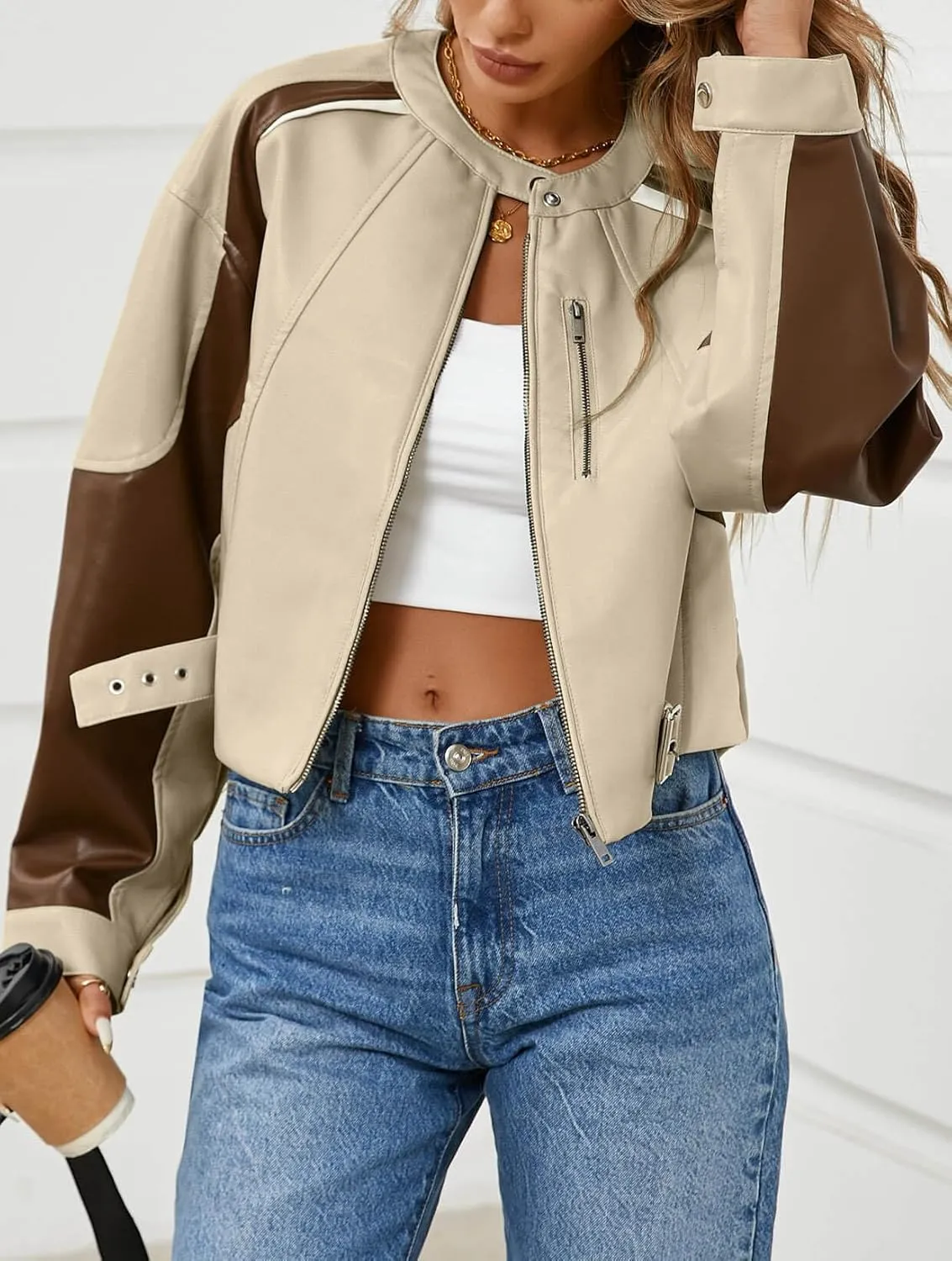 Tankaneo Womens Faux Leather Bomber Jackets Cropped Zip Up Color Block Fall Casual Moto Biker Coats