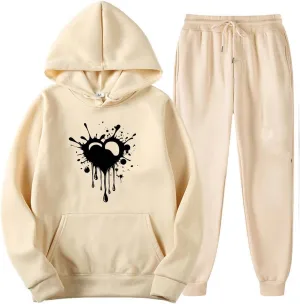 Teen Girls Sweatsuits Two Piece Outfits Funny Heart Print Oversized Hoodie Sweatshirts Jogger Pants Lounge Sets