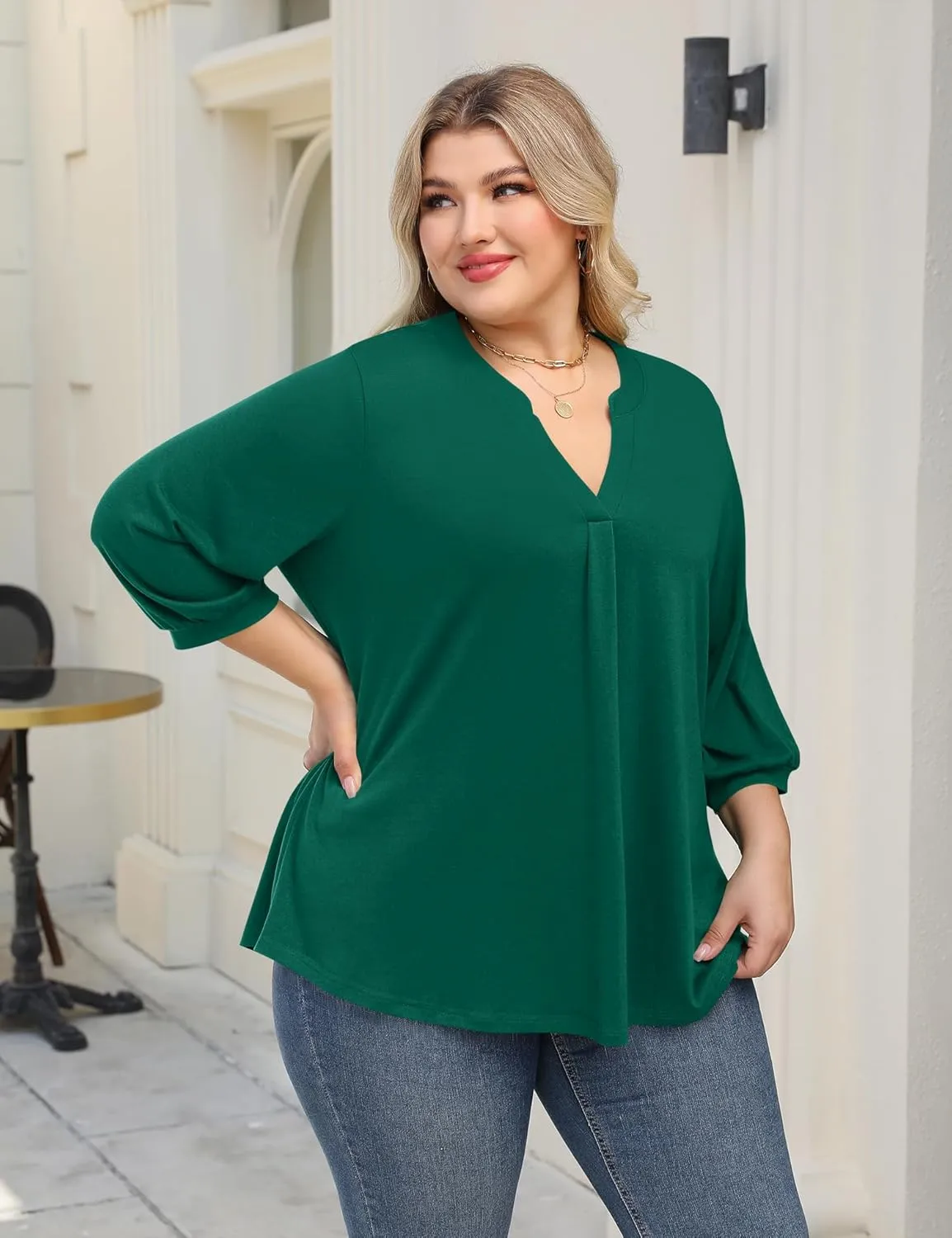 TFSDOD Plus Size Tops for Women 3/4 Length Puff Sleeve Tops V Neck T Shirts Spring Summer Tunics Tops Fashion 2025 XL-5XL