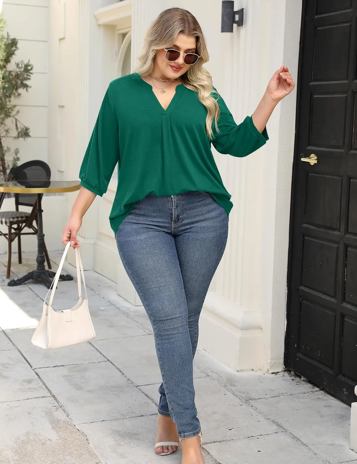 TFSDOD Plus Size Tops for Women 3/4 Length Puff Sleeve Tops V Neck T Shirts Spring Summer Tunics Tops Fashion 2025 XL-5XL