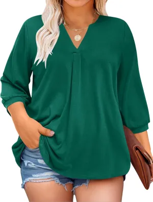TFSDOD Plus Size Tops for Women 3/4 Length Puff Sleeve Tops V Neck T Shirts Spring Summer Tunics Tops Fashion 2025 XL-5XL