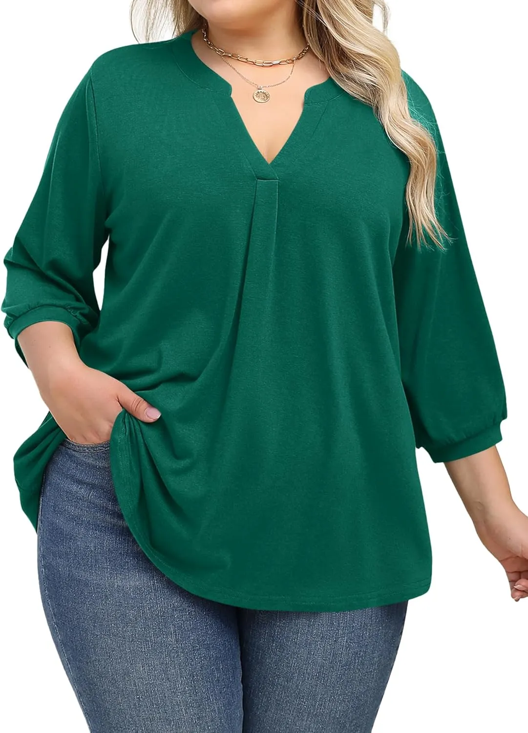 TFSDOD Plus Size Tops for Women 3/4 Length Puff Sleeve Tops V Neck T Shirts Spring Summer Tunics Tops Fashion 2025 XL-5XL