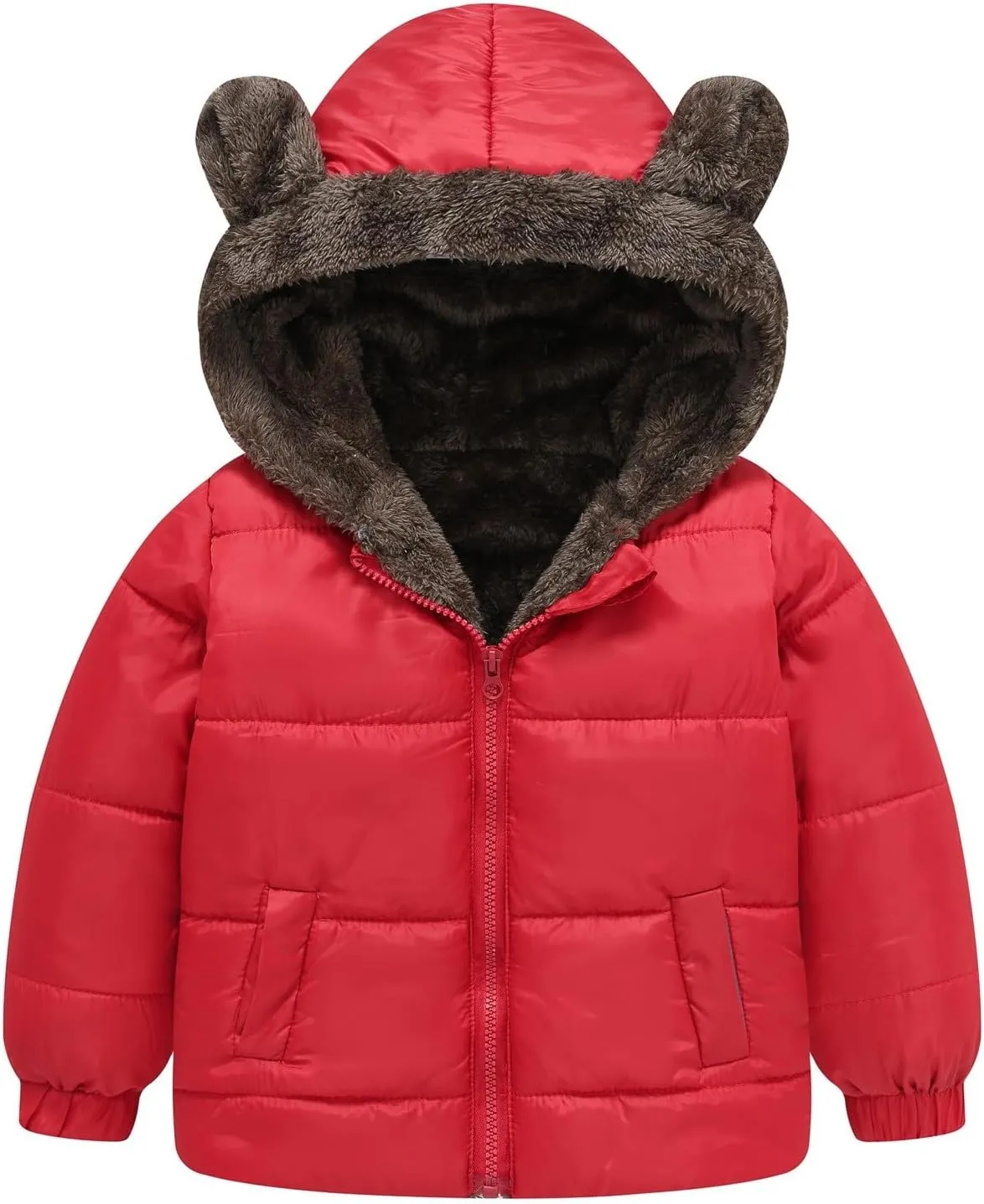 Toddler Boys Girls Fleece Jacket Solid Color Bear Ears Cute Hooded Pocket Short Cotton Padded Coat Kids Jacket
