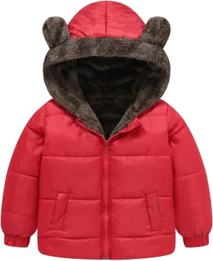 Toddler Boys Girls Fleece Jacket Solid Color Bear Ears Cute Hooded Pocket Short Cotton Padded Coat Kids Jacket