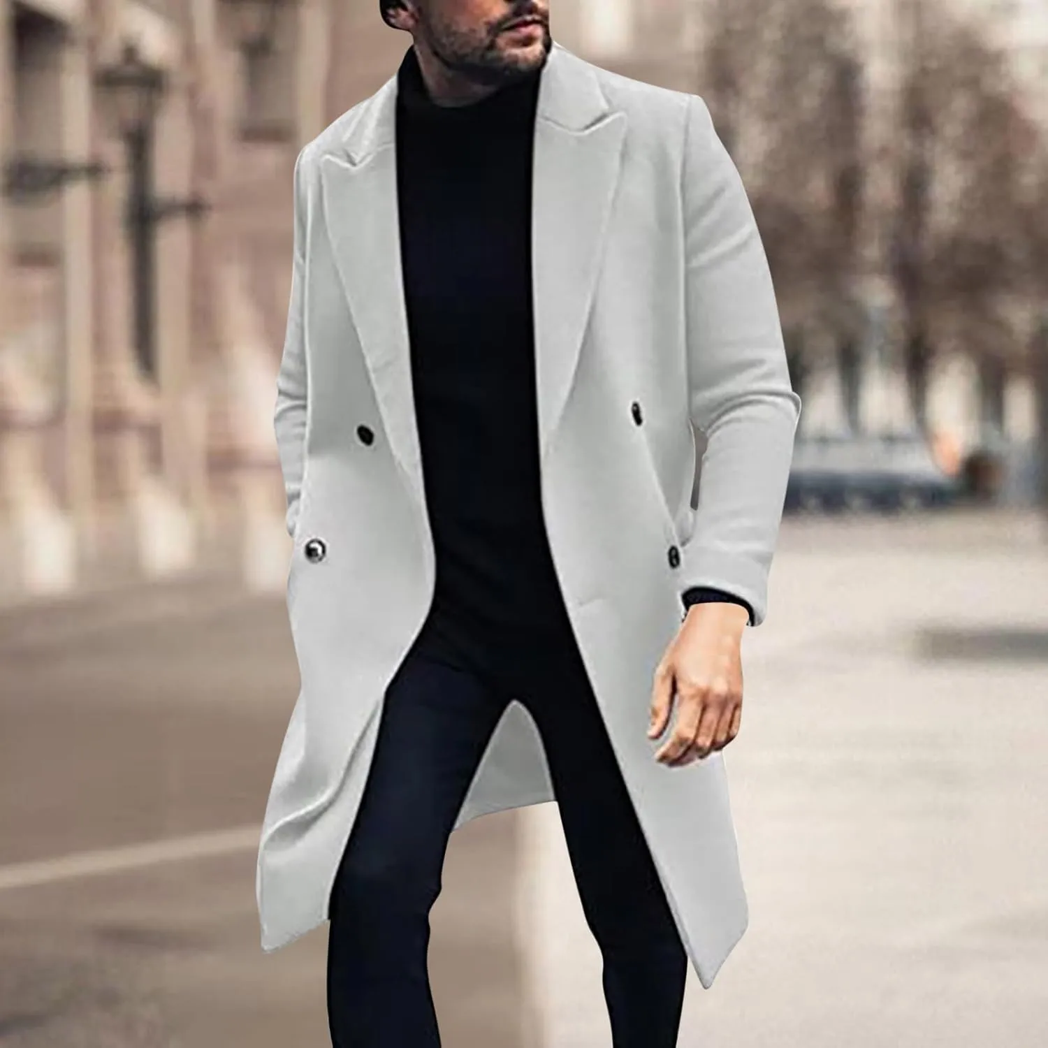 Trench Coat for Men Fashion Wool Blends Single Breasted Notched Collar Pea Coat Cotton-Padded Slim Fit Coat for Winter