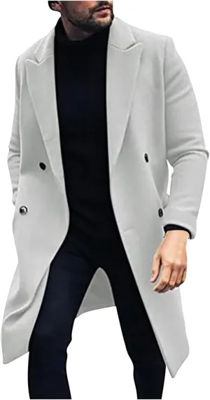 Trench Coat for Men Fashion Wool Blends Single Breasted Notched Collar Pea Coat Cotton-Padded Slim Fit Coat for Winter
