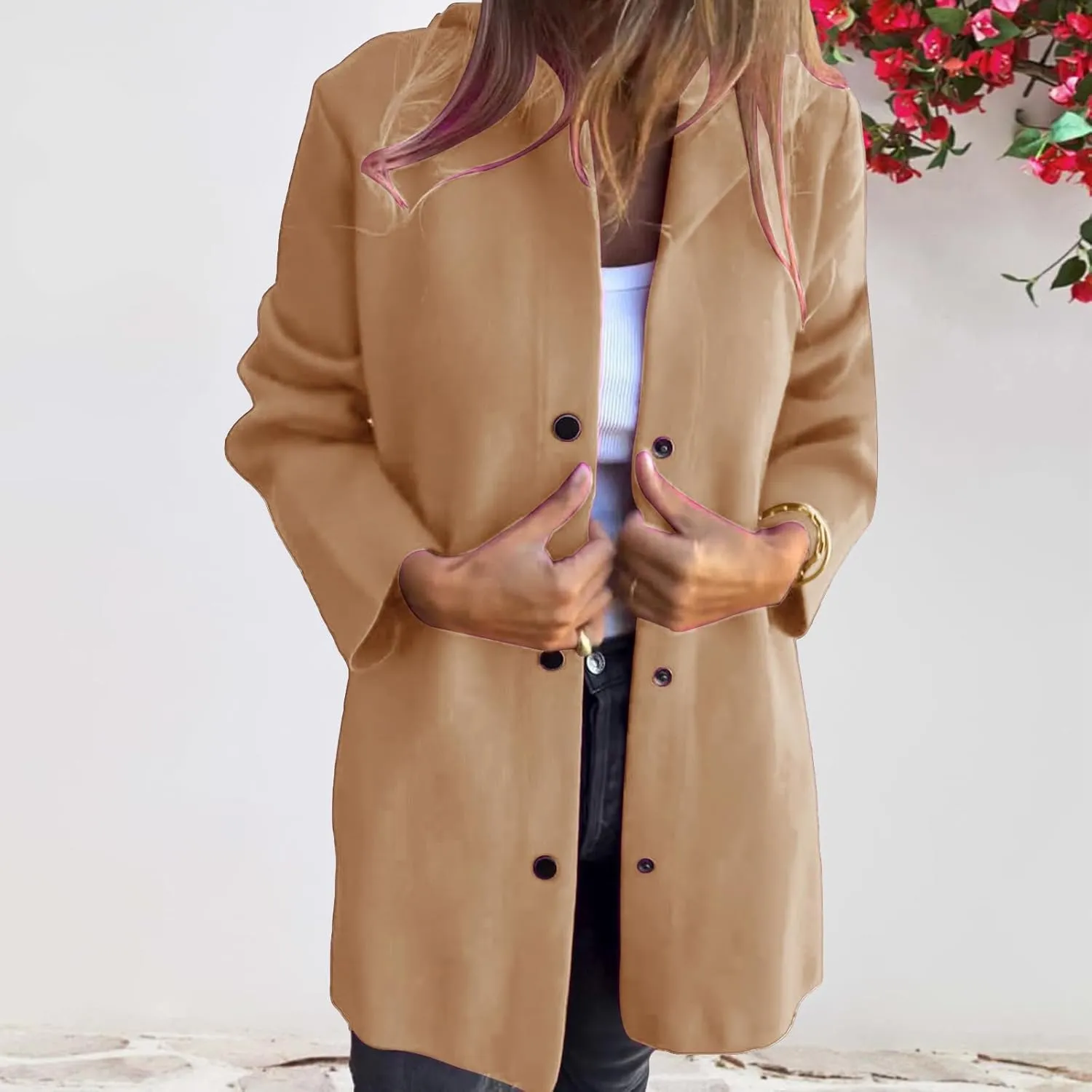 Trench Coat Women Casual Single Breasted Hooded Jacket Lapel Neck Long Sleeve Solid Color Jacket Fall Winter Outwear