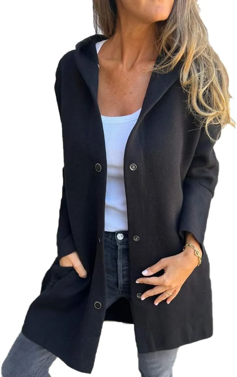 Trench Coat Women Casual Single Breasted Hooded Jacket Lapel Neck Long Sleeve Solid Color Jacket Fall Winter Outwear