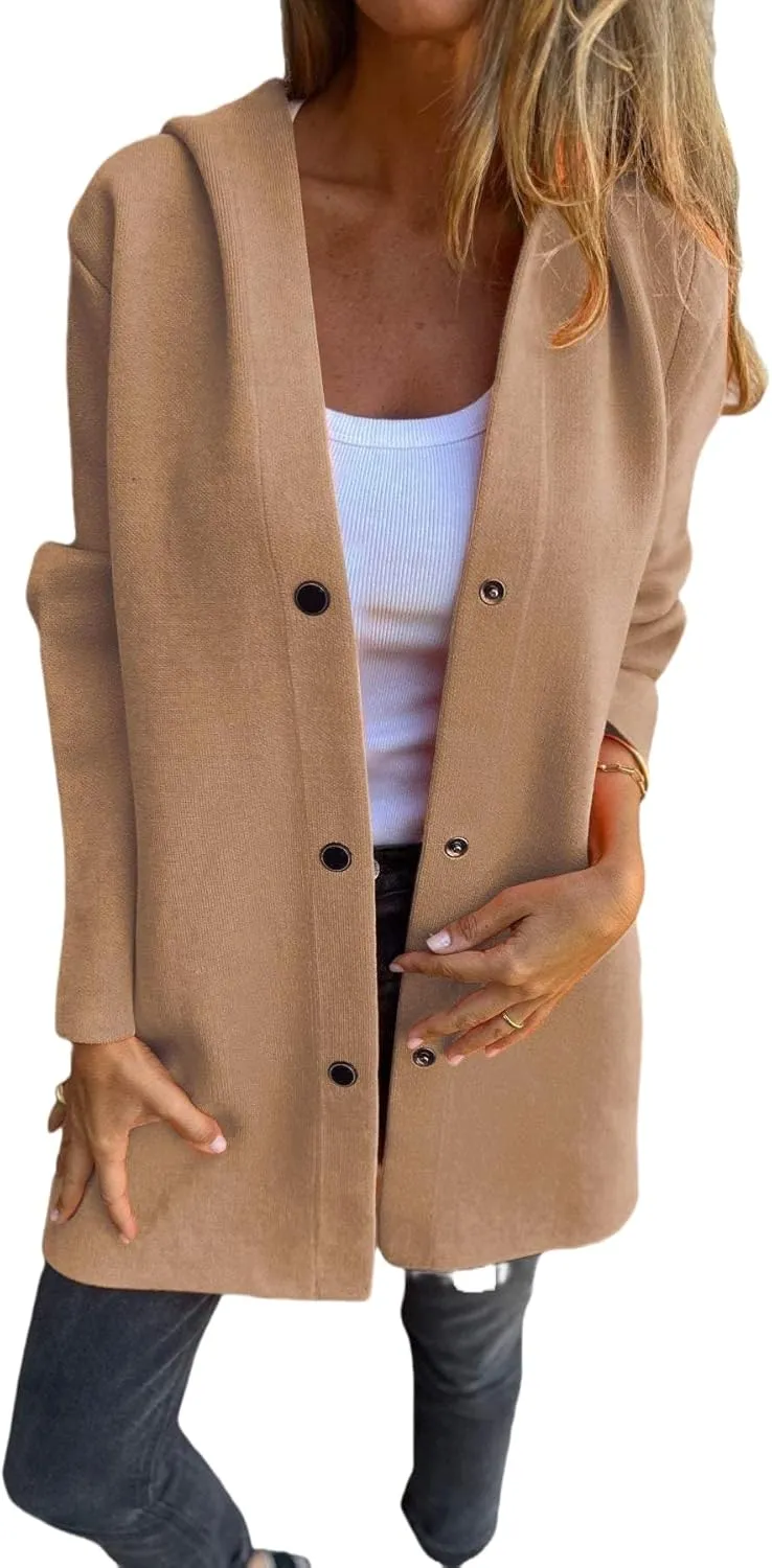 Trench Coat Women Casual Single Breasted Hooded Jacket Lapel Neck Long Sleeve Solid Color Jacket Fall Winter Outwear