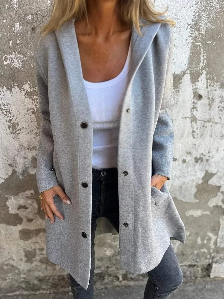 Trench Coat Women Casual Single Breasted Hooded Jacket Lapel Neck Long Sleeve Solid Color Jacket Fall Winter Outwear