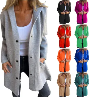 Trench Coat Women Casual Single Breasted Hooded Jacket Lapel Neck Long Sleeve Solid Color Jacket Fall Winter Outwear