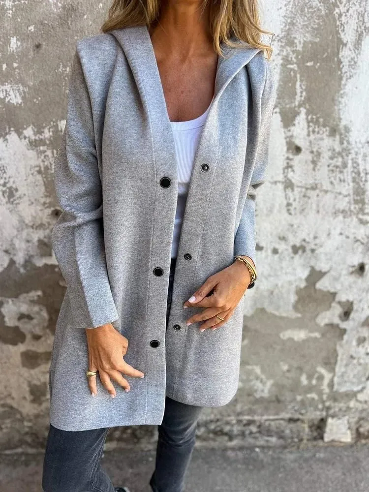 Trench Coat Women Casual Single Breasted Hooded Jacket Lapel Neck Long Sleeve Solid Color Jacket Fall Winter Outwear