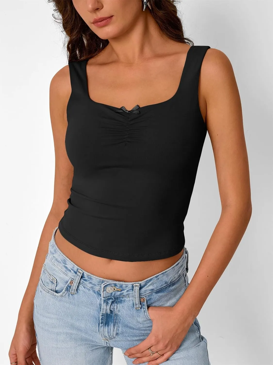 Trendy Queen Going Out Tops for Women Y2k Summer Teen Girls Cute Crop Tank Top Square Neck Basci Bow Clothes 2025 Camisole