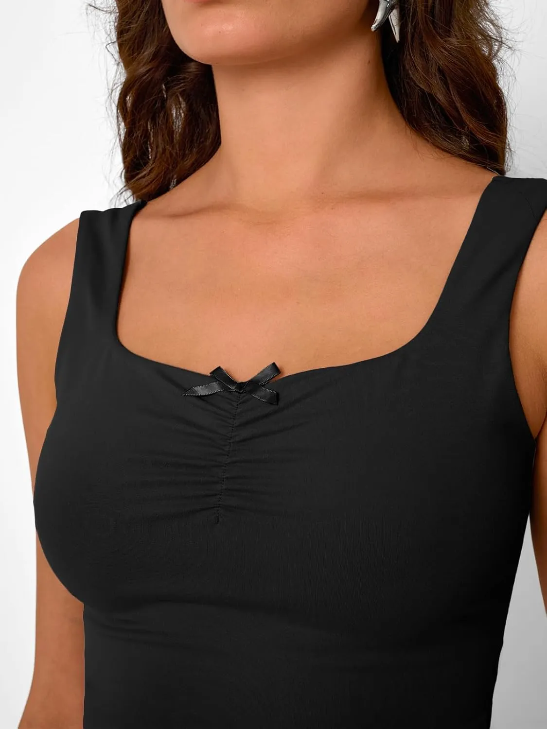 Trendy Queen Going Out Tops for Women Y2k Summer Teen Girls Cute Crop Tank Top Square Neck Basci Bow Clothes 2025 Camisole