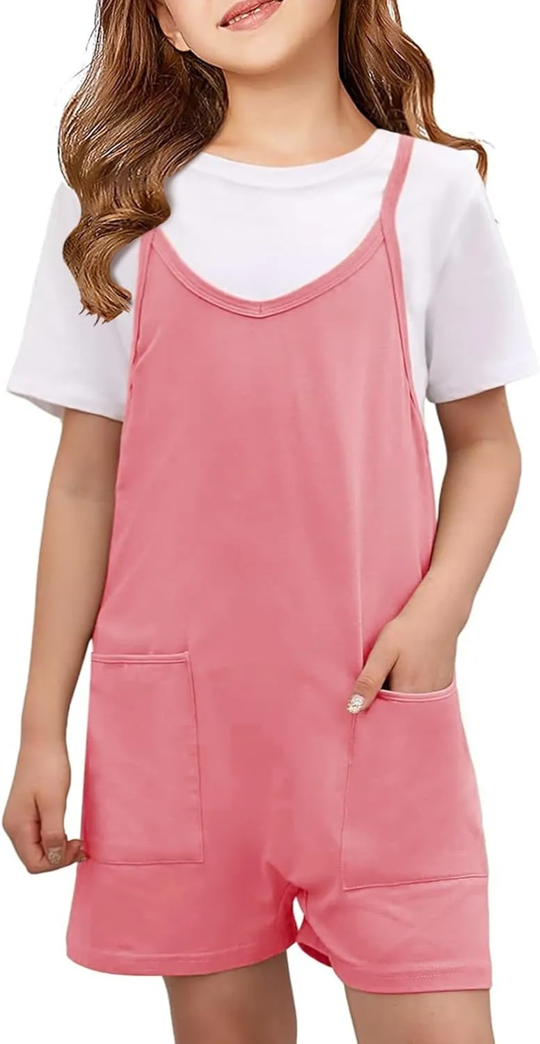 Tween Girls Sleeveless Jumpsuits V Neck Spaghetti Strap Romper Shorts with Pockets Casual Stretchy Overalls for Kids