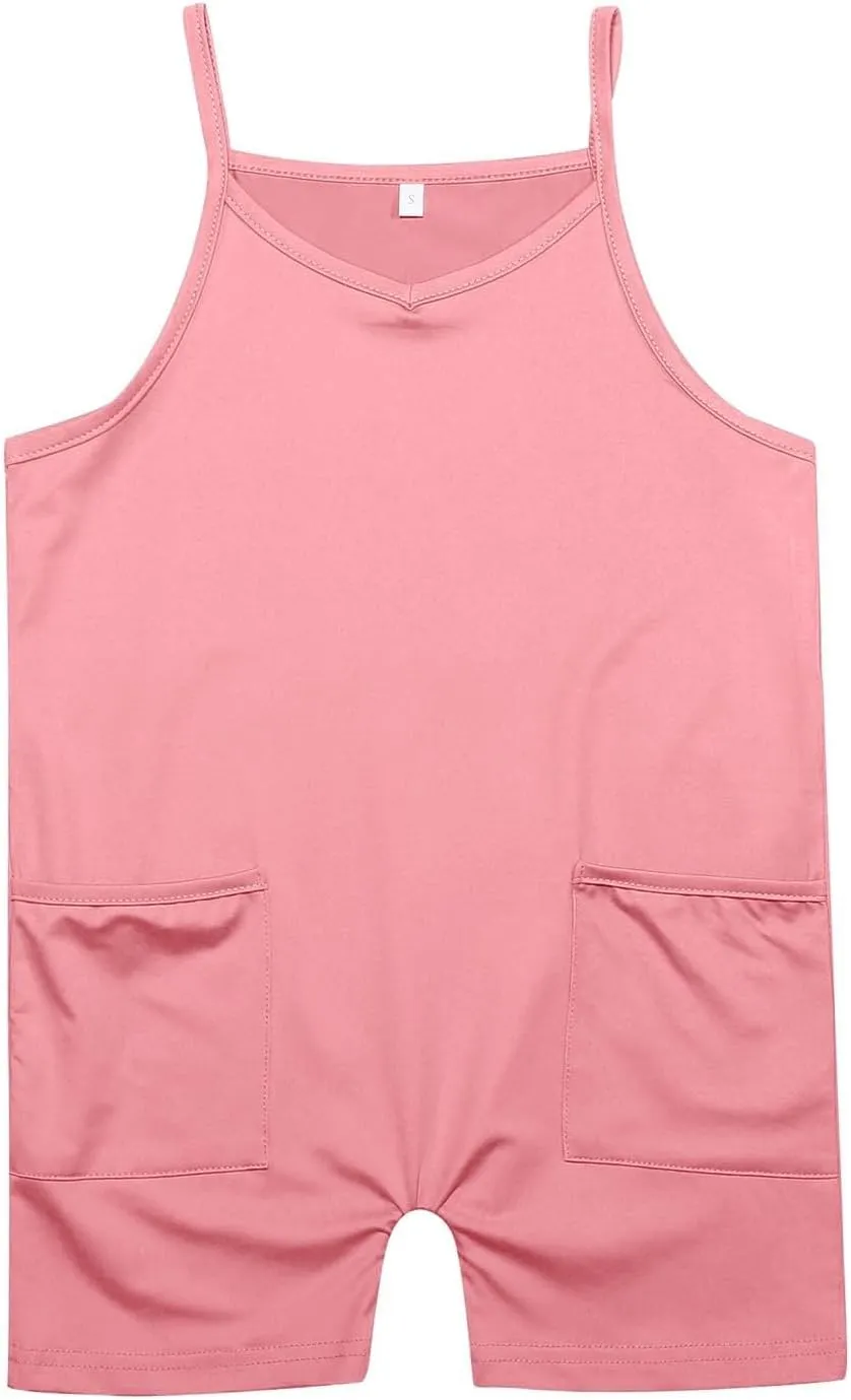 Tween Girls Sleeveless Jumpsuits V Neck Spaghetti Strap Romper Shorts with Pockets Casual Stretchy Overalls for Kids