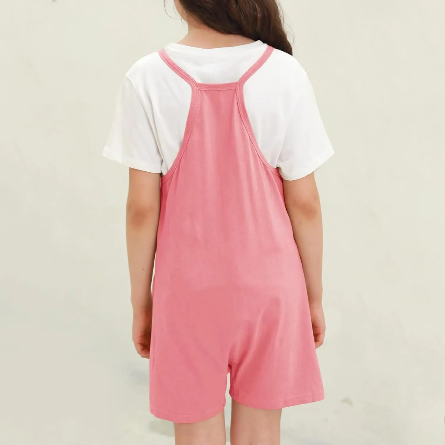 Tween Girls Sleeveless Jumpsuits V Neck Spaghetti Strap Romper Shorts with Pockets Casual Stretchy Overalls for Kids