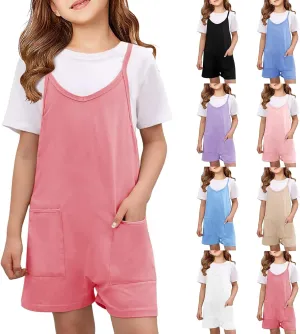 Tween Girls Sleeveless Jumpsuits V Neck Spaghetti Strap Romper Shorts with Pockets Casual Stretchy Overalls for Kids