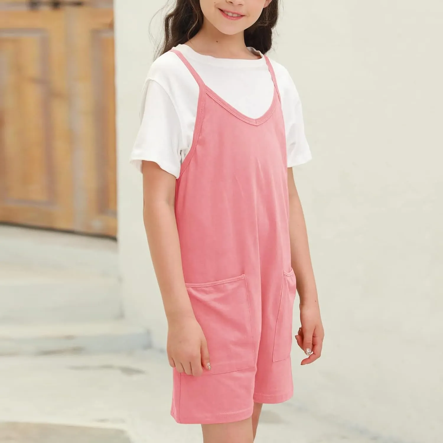 Tween Girls Sleeveless Jumpsuits V Neck Spaghetti Strap Romper Shorts with Pockets Casual Stretchy Overalls for Kids