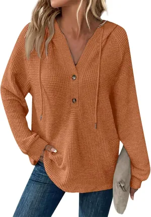 TWGONE Hoodies for Women Waffle Knit Drawstring Button Pullover V Neck Long Sleeve Casual Hooded Sweatshirt Tops