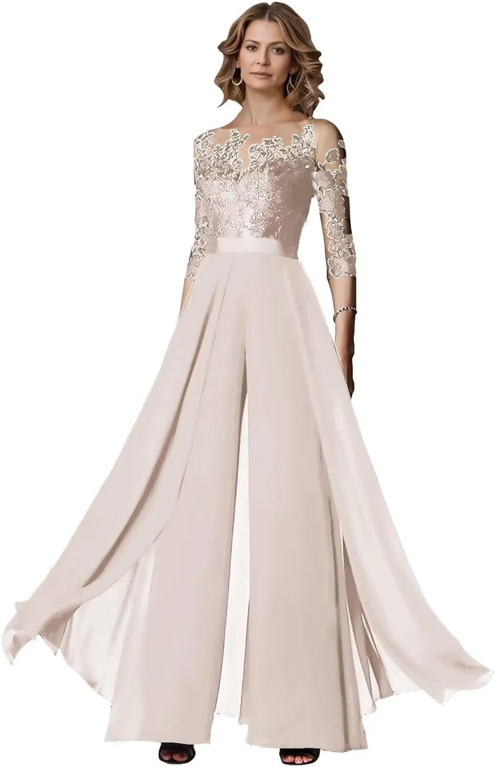 Two Piece Mother of The Bride Wedding Pant Suits with 3/4 Long Sleeves Elegant Formal Jumpsuits Set for Women