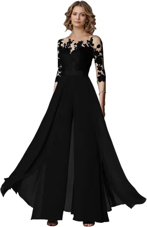 Two Piece Mother of The Bride Wedding Pant Suits with 3/4 Long Sleeves Elegant Formal Jumpsuits Set for Women