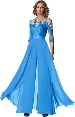 Two Piece Mother of The Bride Wedding Pant Suits with 3/4 Long Sleeves Elegant Formal Jumpsuits Set for Women