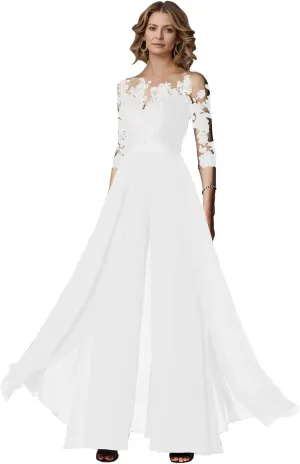 Two Piece Mother of The Bride Wedding Pant Suits with 3/4 Long Sleeves Elegant Formal Jumpsuits Set for Women